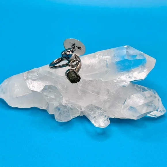 Natural Moldavite Pakimer Diamond 💎 Meteorite 925 Sliver Ring 💍 Size 6 - Picture 3 of 4